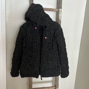 Black/Grey 100% Wool Zipped Sweater w Hood